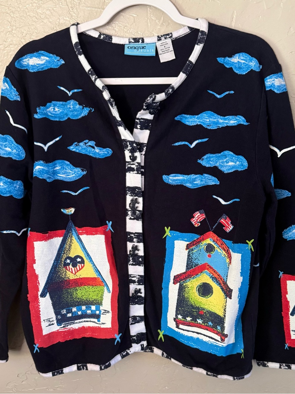 Onque Casuals Navy Blue Cardigan with Multicolor Birdhouse Prints